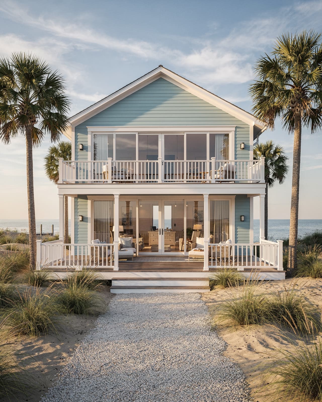 A bright coastal cottage with pastel blue siding, white trim, a wraparound deck, and tall palm trees framing the property.