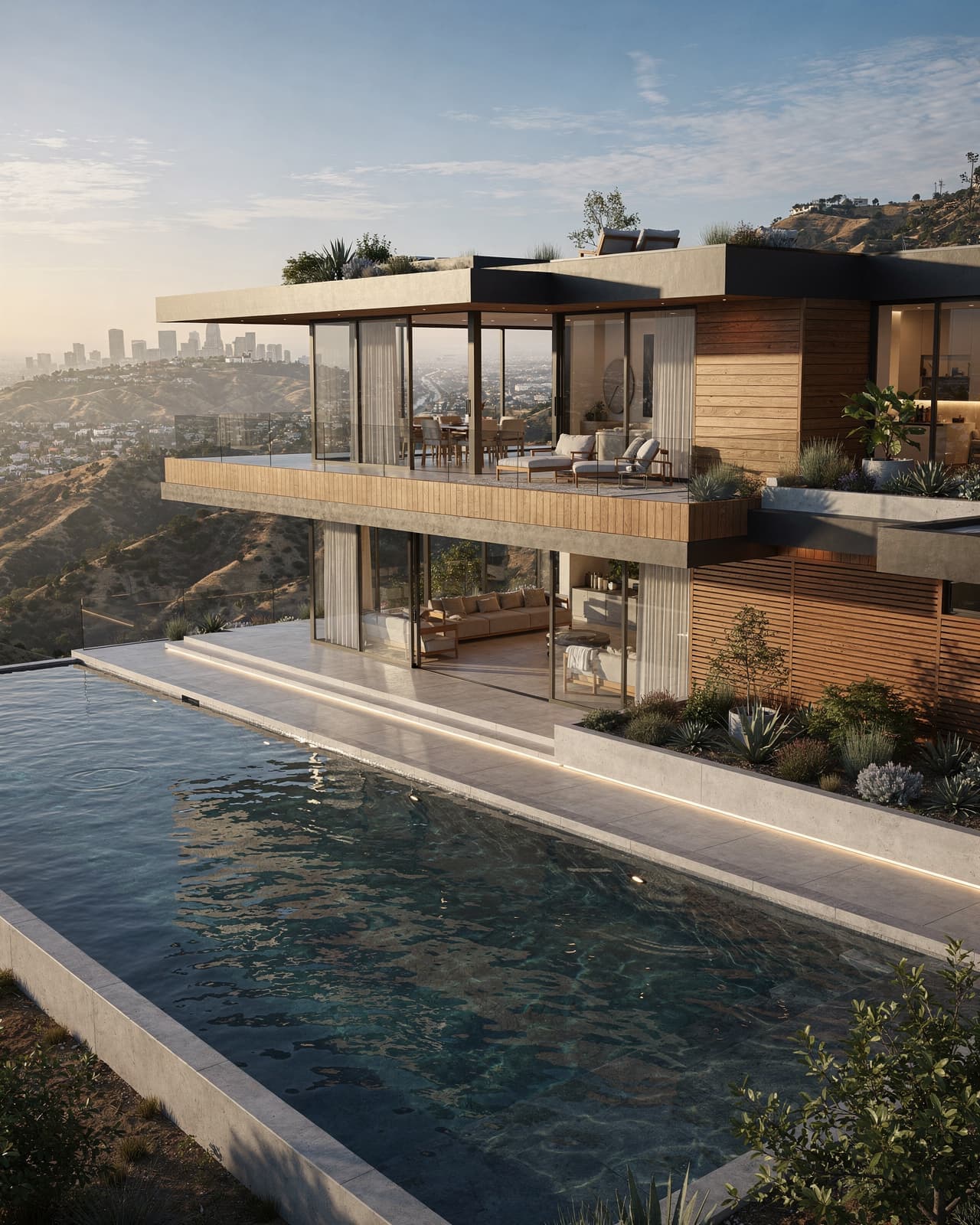 A contemporary hillside villa with a cantilevered design, infinity pool overlooking the landscape, and sustainable wooden and glass accents.