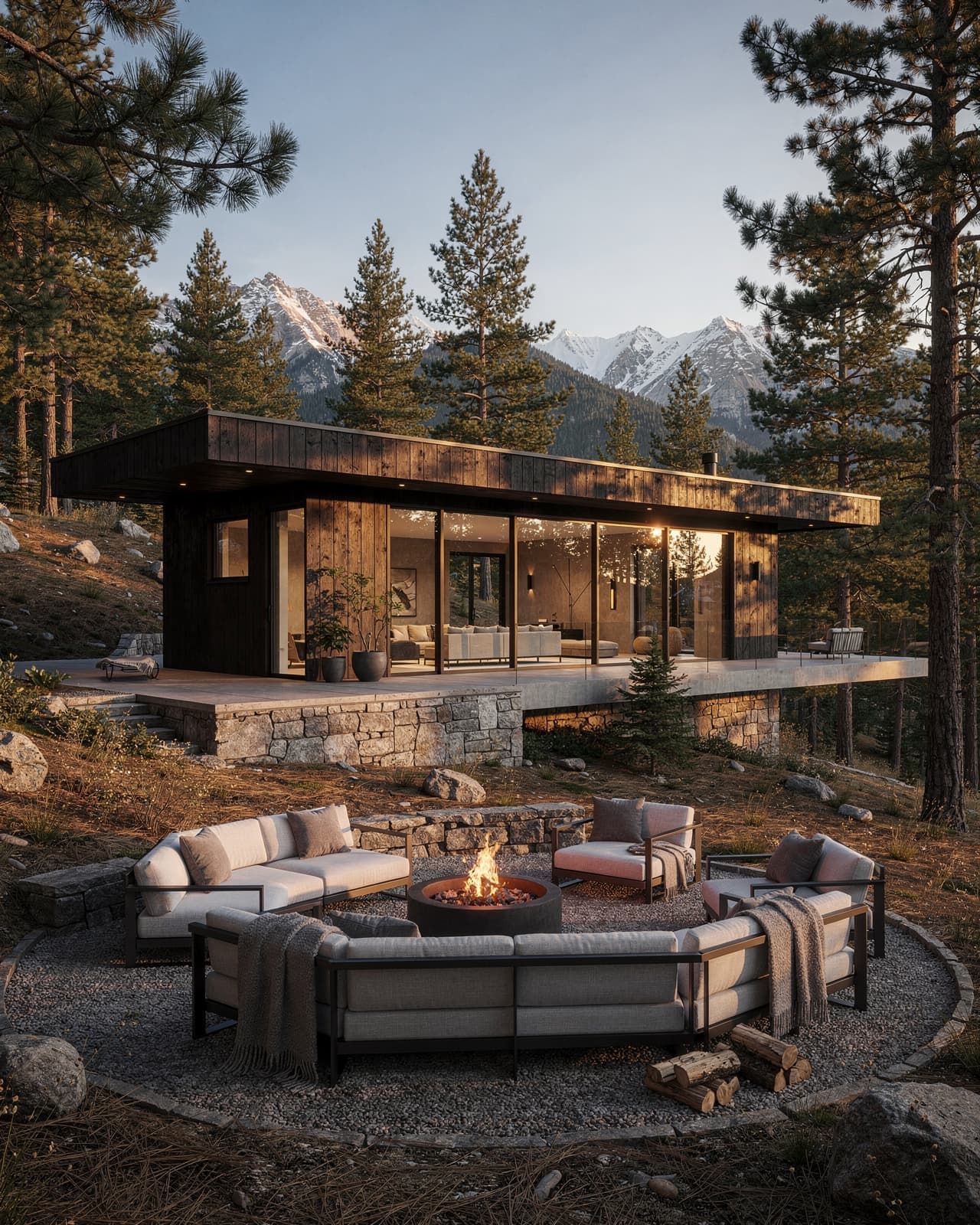A modern mountain retreat with floor-to-ceiling windows, a dark timber exterior, and a firepit area surrounded by tall pines.
