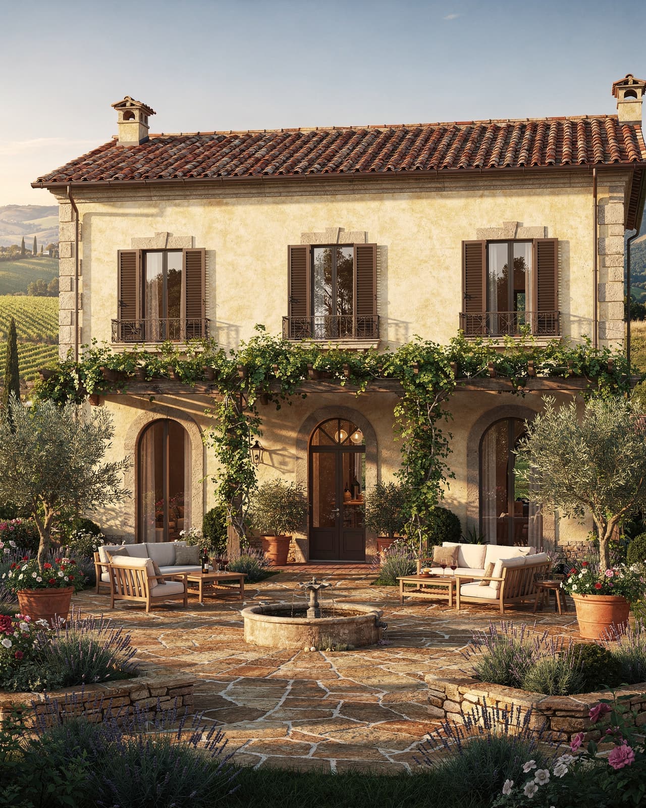 A classic Italian villa with warm stucco walls, red clay roof tiles, arched doorways, and a vineyard-inspired courtyard brimming with greenery.