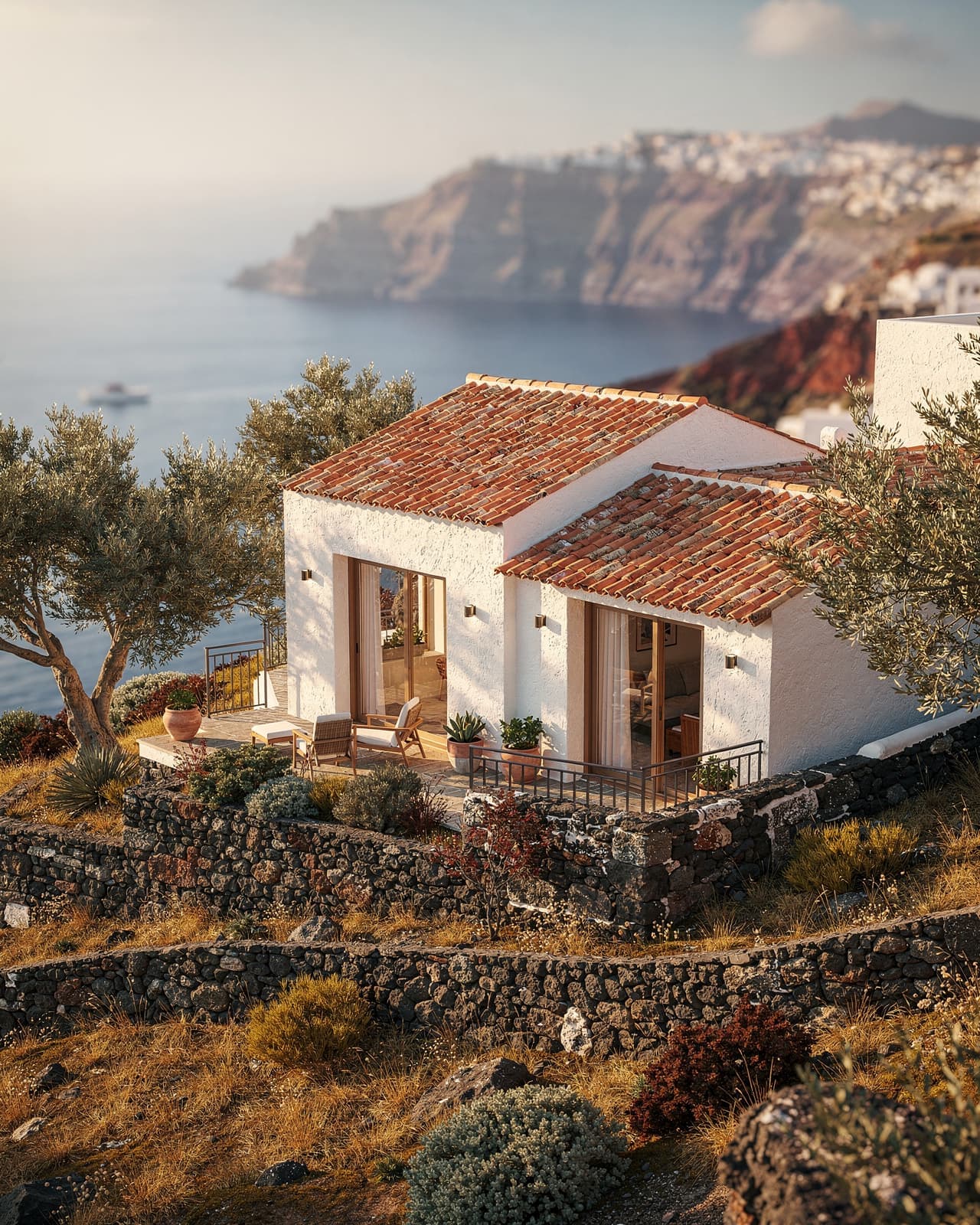 A terracotta-roofed home perched on a sun-kissed hillside, surrounded by olive trees and rustic stone walls that capture the warmth of the Mediterranean.