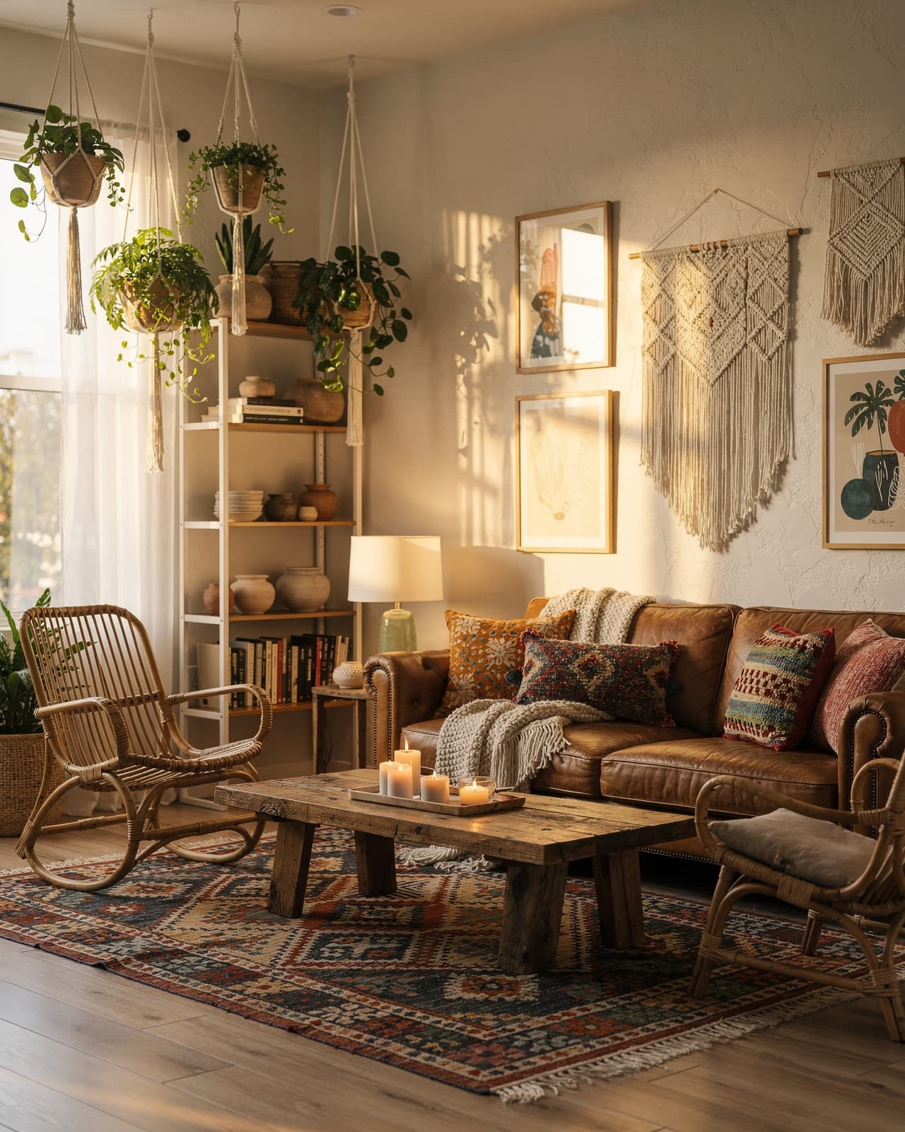 A boho-style living room with vibrant patterned rugs, hanging macramé decorations, eclectic furniture, and soft ambient lighting for a relaxed vibe.