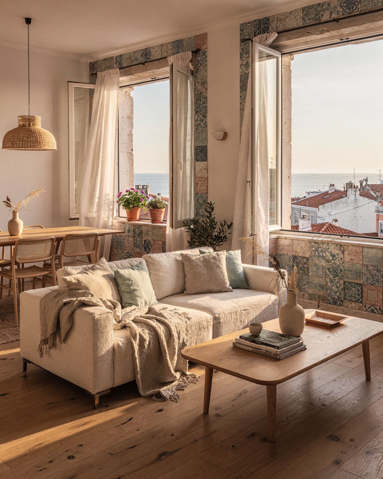 A coastal loft in Lisbon with pastel tiles, sun-washed wooden floors, and breezy linens that capture the warmth of the Portuguese seaside.