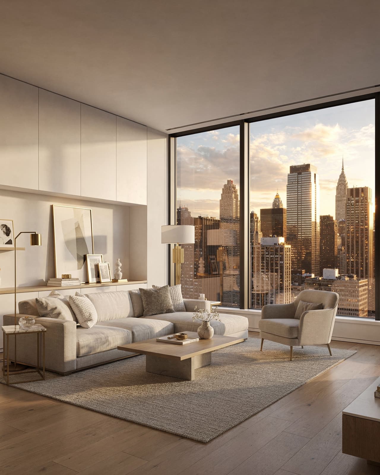A stunning NYC apartment interior at golden hour, featuring modern decor with sleek, clean lines, large floor-to-ceiling windows overlooking the city skyline, cozy neutral furnishings, gold accents, and an inviting ambiance.