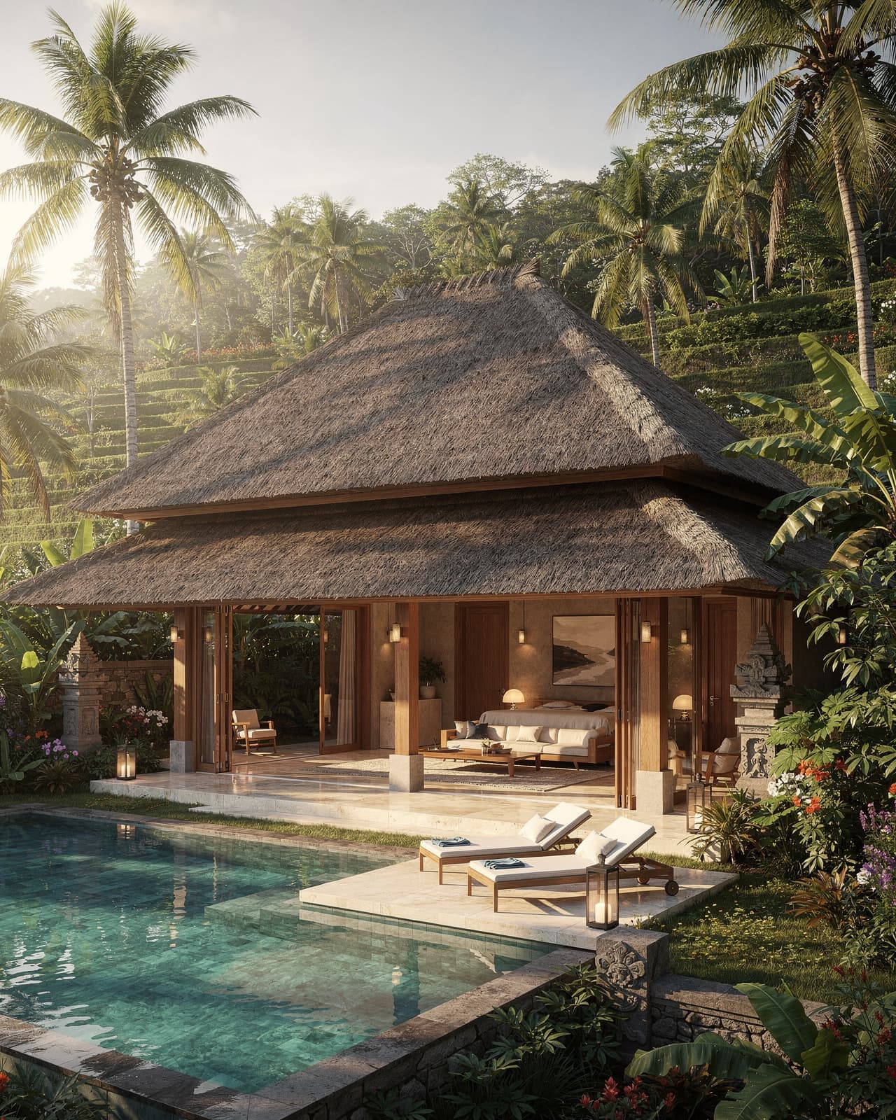 A tropical bungalow with a thatched roof, open-air design, and lush greenery surrounding the property, complete with a private pool