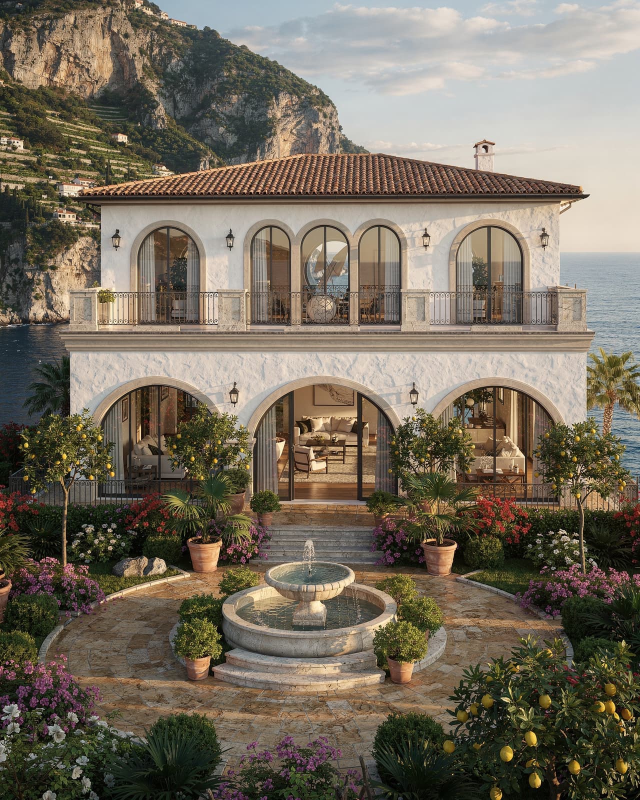 A luxurious Mediterranean villa with terracotta roof tiles, white stucco walls, arched doorways, and a lush courtyard with a fountain.