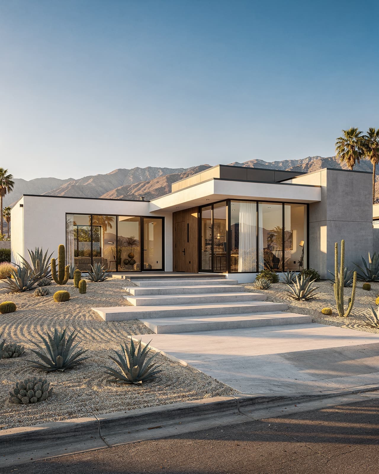 A sleek, modern home with sharp angles, large glass windows, a flat roof, and a minimalist front yard featuring concrete steps and succulents.
