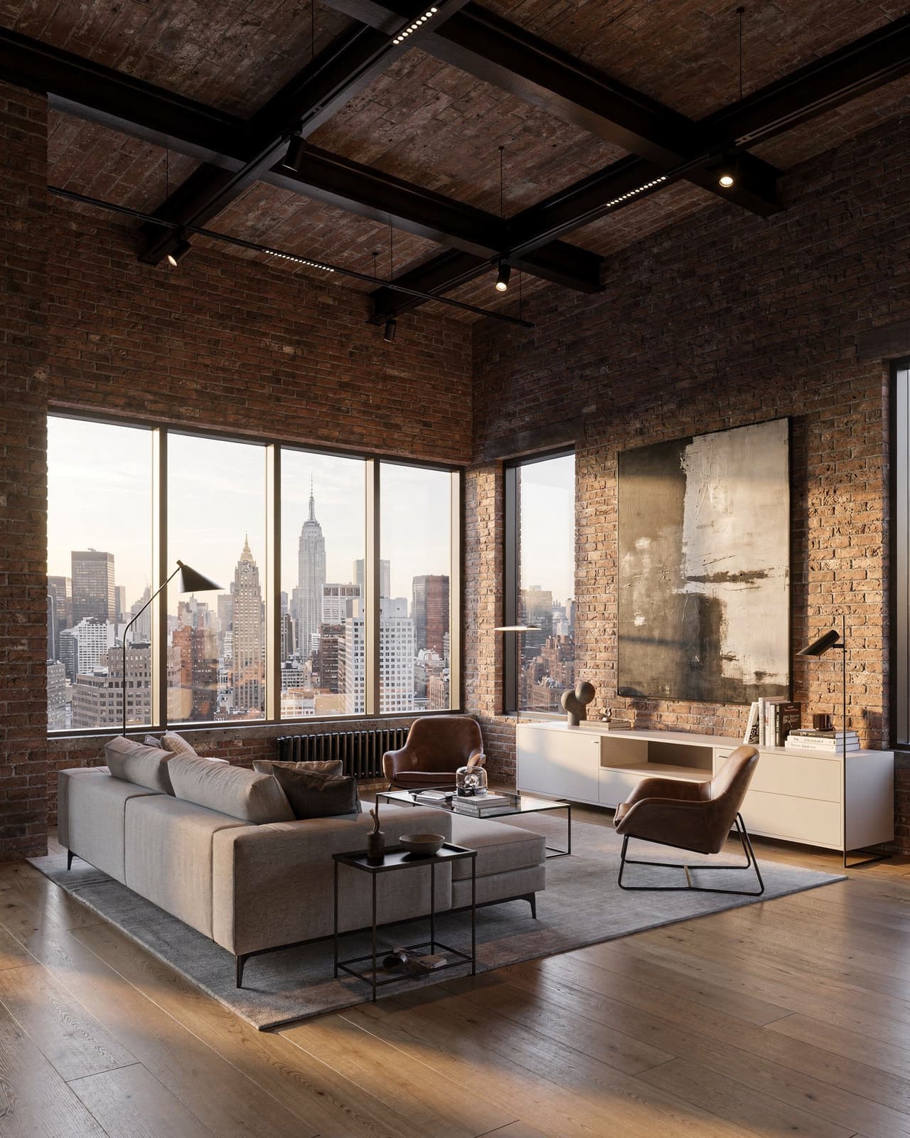 Modern penthouse vibe with exposed brick walls, lofty ceilings, and large windows framing city views. Use metal accents and sleek furniture to balance industrial with contemporary