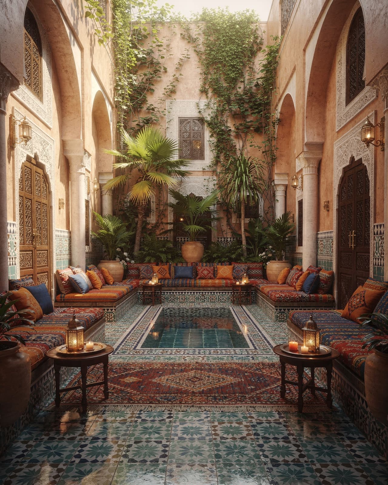A dreamy Moroccan oasis with patterned tiles, vibrant textiles, carved wood elements, and a central courtyard filled with greenery.